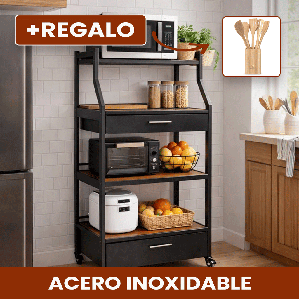 Organizador de Cocina Multifuncional de 5 Niveles en Acero Inoxidable y Madera con Kit de Utensilios de REGALO