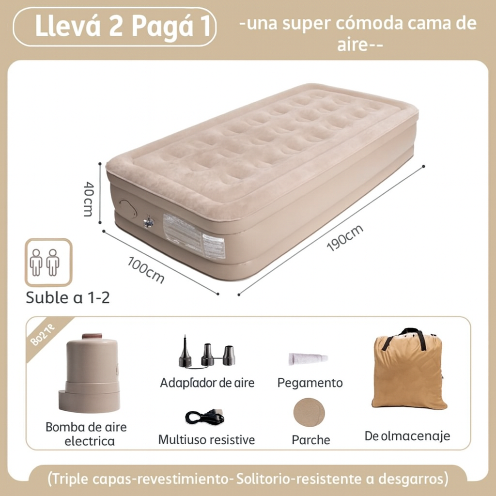Oferta Llevás 2, Pagás 1 – Colchón Portátil Individual con Triple Revestimiento Antidesgarro + Bomba Eléctrica Incluida